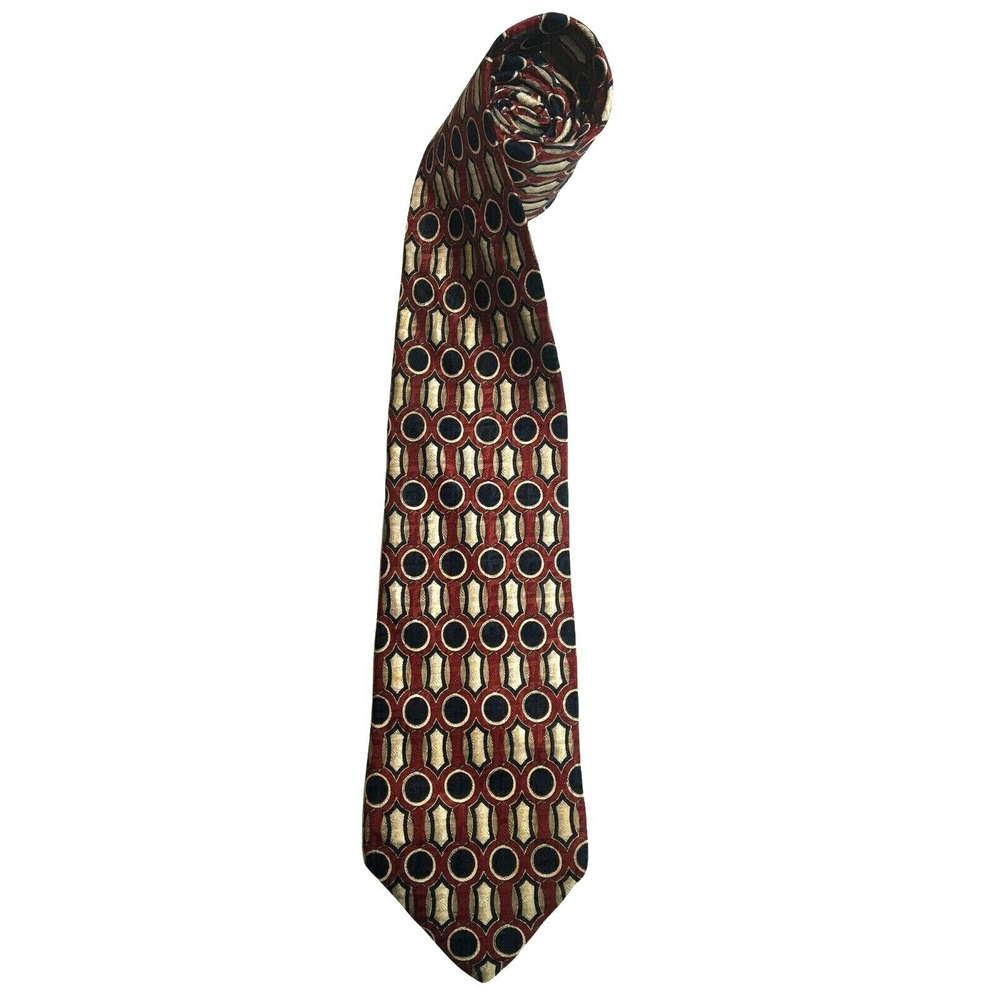 Vintage Geoffrey Beene Men's Neck Tie Black Red Gold Geometric Classic 100% Silk